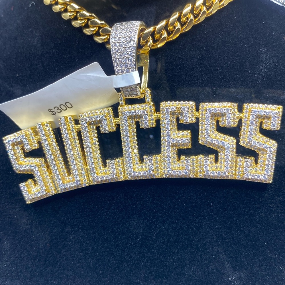 Success | 14k Gold | High End CZ Pendant w 20’ Cuban Link Chain
